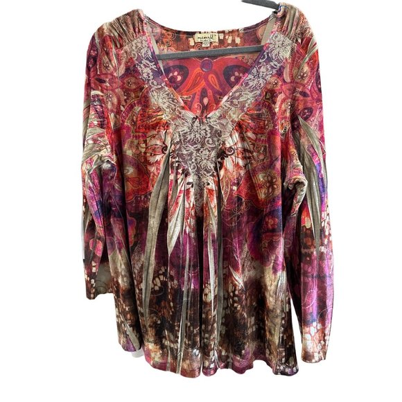 One World size 1X red print velour lace v neck long sleeve top - Picture 1 of 7
